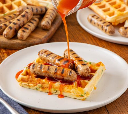 Packaging Photo of Sausage ‘n’ Cheddar Waffles with Spicy Syrup